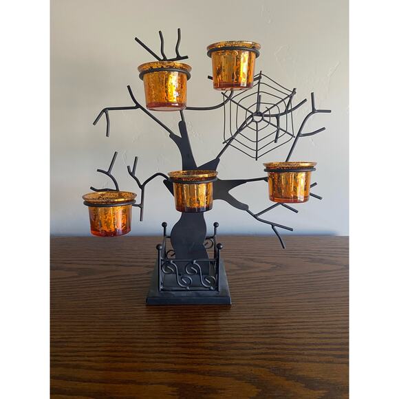 Black Metal Tea Light Halloween Tree with Glass Votives Decoration - Picture 2 of 5